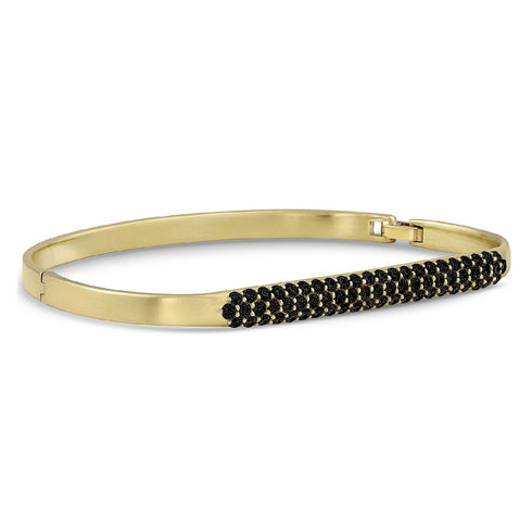 custom fit hinged huggie bangle, diamond pave style, in black diamonds and yellow gold <span class='visuallyhidden'>Call, text 323-404-2959 for shopping help.</span>