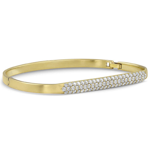 custom fit hinged huggie bangle, diamond pave style, in white diamonds and yellow gold <span class='visuallyhidden'>Call, text 323-404-2959 for shopping help.</span>