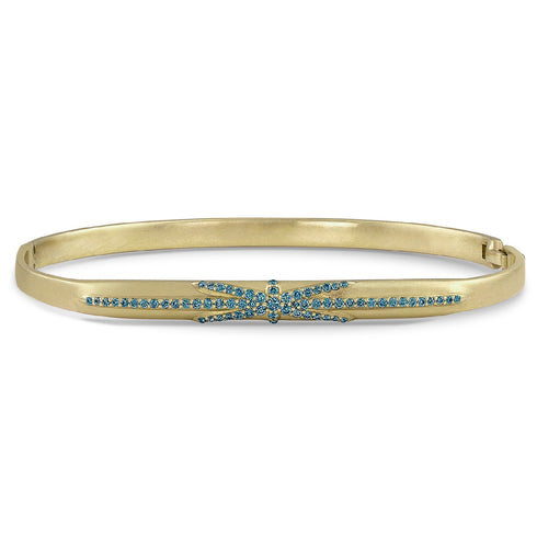 custom fit hinged huggie bangle, diamond northstar style, in blue diamonds and yellow gold <span class='visuallyhidden'>Call, text 323-404-2959 for shopping help.</span>