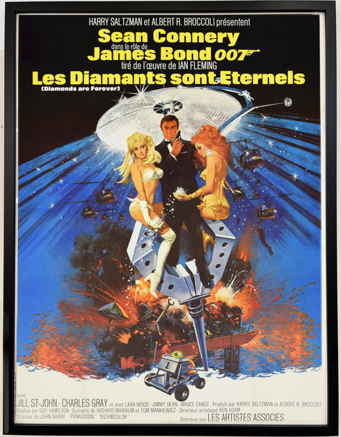Diamonds Are Forever limited release movie poster,<br>French release,<br>restored + framed under plexiglass <span class='visuallyhidden'>Call or text 323-404-2959 if you need shopping assistance.</span>
