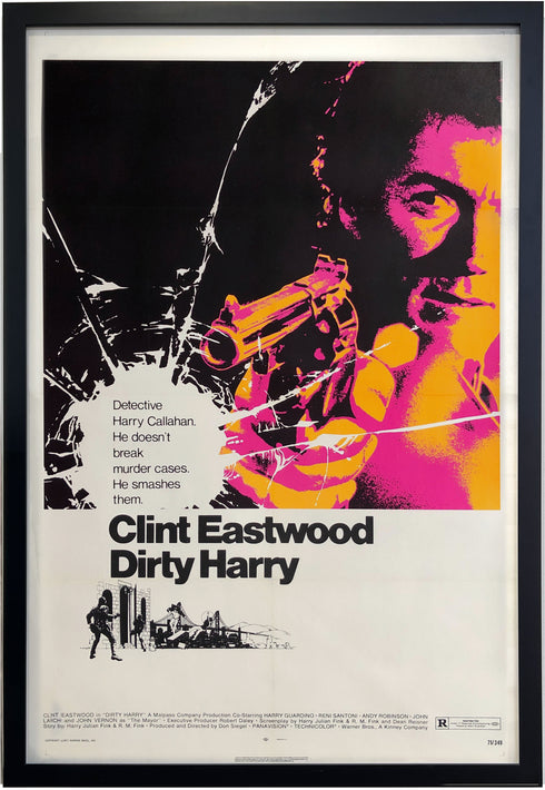 Collector-item Dirty Harry movie poster,<br>restored + framed under plexiglass <span class='visuallyhidden'>Call or text 323-404-2959 if you need shopping assistance.</span>