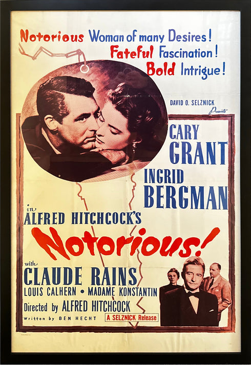 original release movie poster for<br>Alfred Hitchock’s Notorious!<br>starring Cary Grant, Ingrid Bergman, Claude Rains <span class='visuallyhidden'>Call or text 323-404-2959 for shopping assistance.</span>