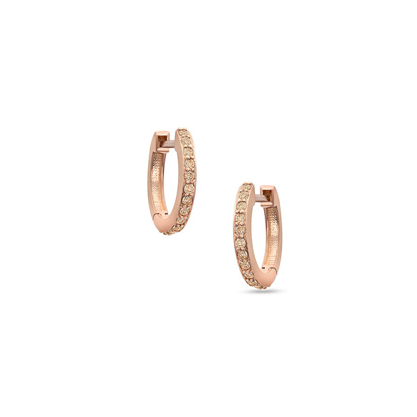must-have diamond-lined hinged huggie hoop earrings, in champagne diamonds and 18k rose gold <span class='visuallyhidden'>Call, text 323-404-2959 for shopping help.</span>