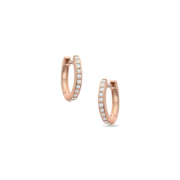 must-have diamond-lined hinged huggie hoop earrings, in white diamonds and 18k rose gold <span class='visuallyhidden'>Call, text 323-404-2959 for shopping help.</span>