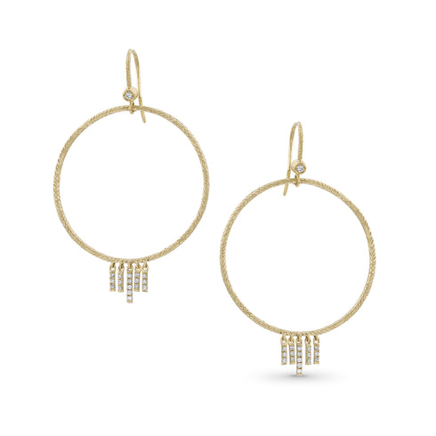 textured open circle with diamond chevron fringe earring, in white diamonds and yellow gold <span class='visuallyhidden'>Call, text 323-404-2959 for shopping help.</span>