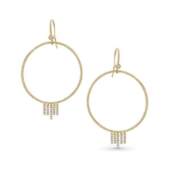 textured open circle with diamond chevron fringe earring, in white diamonds and yellow gold <span class='visuallyhidden'>Call, text 323-404-2959 for shopping help.</span>