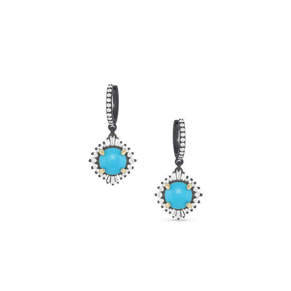 sleeping beauty turquoise + diamond sparkle earring<br>with diamond-lined huggie hoop earwire,<br>in blackened gold + yellow gold <span class='visuallyhidden'>Call or text 323-404-2959 for shopping assistance</span>