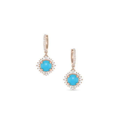 Sleeping Beauty turquoise and white diamond sparkle earring on diamond-faced huggie hoop, in rose gold <span class='visuallyhidden'>Contact the Beverly Hills store at 323-404-2959 or through this website for shopping assistance.</span>