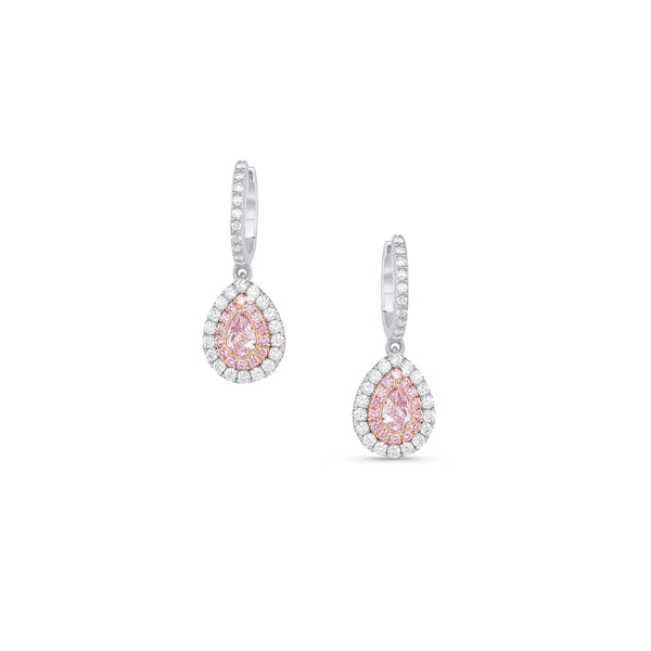 pink diamond and white diamond teardrop earring with diamond double halo, in white gold <span class='visuallyhidden'>Call, text 323-404-2959 for shopping help.</span>