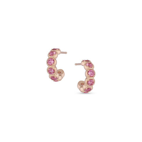 broad huggie hoop post earrings,<br>with milgrain settings, and<br>faceted pink tourmaline sparkling color pop <span class='visuallyhidden'>Call or text 323-404-2959 if you need shopping assistance.</span>