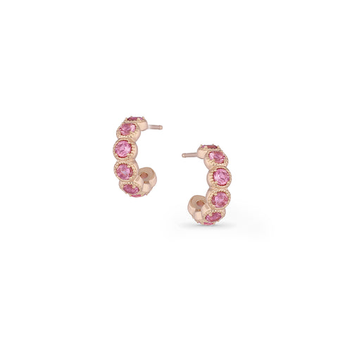 broad huggie hoop post earrings,<br>with milgrain settings, and<br>faceted pink tourmaline sparkling color pop <span class='visuallyhidden'>Call or text 323-404-2959 if you need shopping assistance.</span>