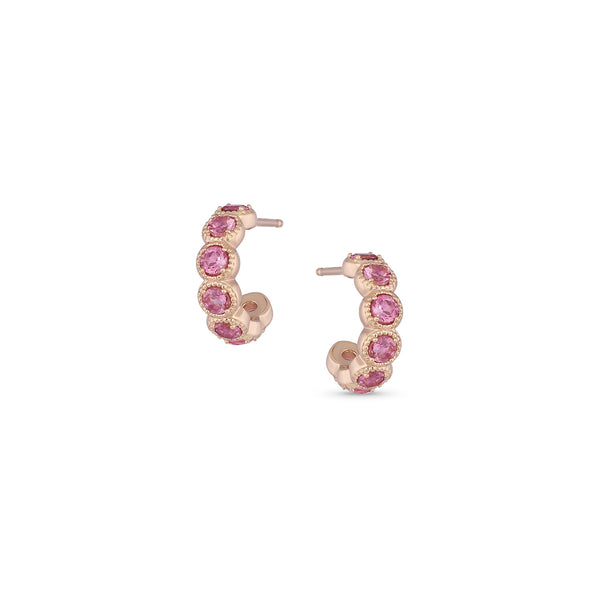 broad huggie hoop post earrings,<br>with milgrain settings, and<br>faceted pink tourmaline sparkling color pop <span class='visuallyhidden'>Call or text 323-404-2959 if you need shopping assistance.</span>