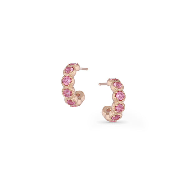 broad huggie hoop post earrings,<br>with milgrain settings, and<br>faceted pink tourmaline sparkling color pop <span class='visuallyhidden'>Call or text 323-404-2959 if you need shopping assistance.</span>