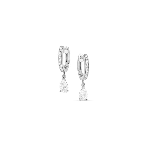pear cut diamond drop earring on diamond huggie hoop <span class='visuallyhidden'>Call, text 323-404-2959 for shopping help.</span>