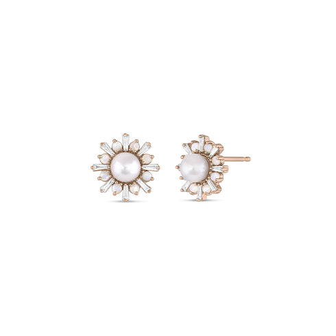 iridescent opals, and baguette-cut diamonds encircle the focal pearl in this textural earring beauty <span class='visuallyhidden'>Call or text 323-404-2959 if you need shopping assistance.</span>