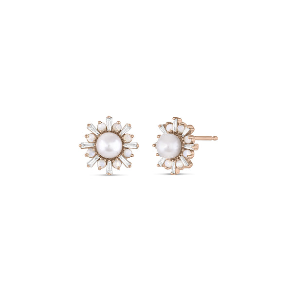 iridescent opals, and baguette-cut diamonds encircle the focal pearl in this textural earring beauty <span class='visuallyhidden'>Call or text 323-404-2959 if you need shopping assistance.</span>