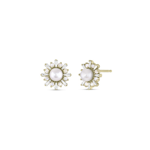iridescent opals, and baguette-cut diamonds encircle the focal pearl in this textural earring beauty <span class='visuallyhidden'>Call or text 323-404-2959 if you need shopping assistance.</span>