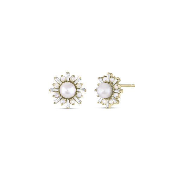 iridescent opals, and baguette-cut diamonds encircle the focal pearl in this textural earring beauty <span class='visuallyhidden'>Call or text 323-404-2959 if you need shopping assistance.</span>