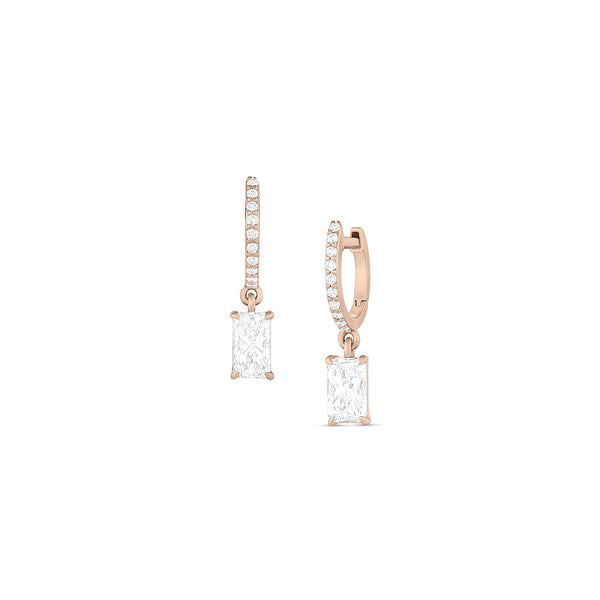radiant cut diamond earrings<br>with diamond lined huggie hoop earwires <span class='visuallyhidden'>Call or text 323-404-2959 if you need shopping assistance.</span>