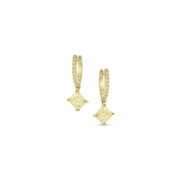 beautiful fancy lemon yellow diamond earrings, princess cut,<br>hung on the bias from yellow diamond lined huggie hoops <span class='visuallyhidden'>Call or text 323-404-2959 if you need shopping assistance.</span>