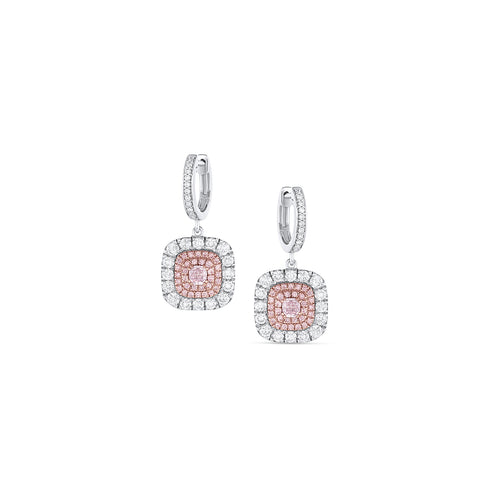 natural fancy pink diamond cushion cut white gold dangle earrings<br>with white diamond and pink diamond halos <span class='visuallyhidden'>Call or text 323-404-2959 if you need shopping assistance.</span>