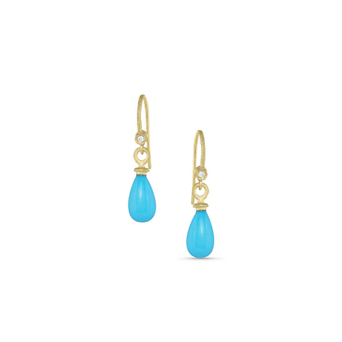 flawless Sleeping Beauty turquoise<br>with diamond-kissed, textured French wire backs <span class='visuallyhidden'>Contact the Beverly Hills store at 323-404-2959 or through this website for shopping assistance.</span>