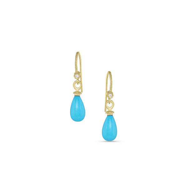 flawless Sleeping Beauty turquoise<br>with diamond-kissed, textured French wire backs <span class='visuallyhidden'>Contact the Beverly Hills store at 323-404-2959 or through this website for shopping assistance.</span>