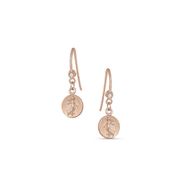 Dominique Cohen diamond-kissed petite goddess coin classic drop earring, in 18k rose gold <span class='visuallyhidden'>Call, text 323-404-2959 for shopping help.</span>