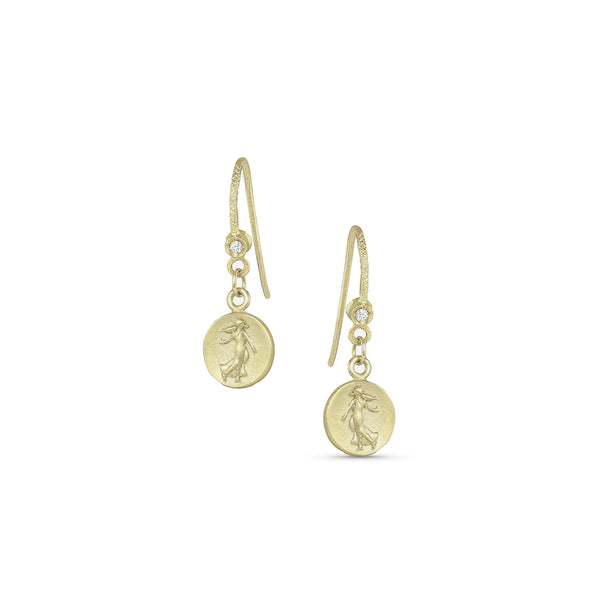 Dominique Cohen diamond-kissed petite goddess coin classic drop earring, in 18k yellow gold <span class='visuallyhidden'>Call, text 323-404-2959 for shopping help.</span>