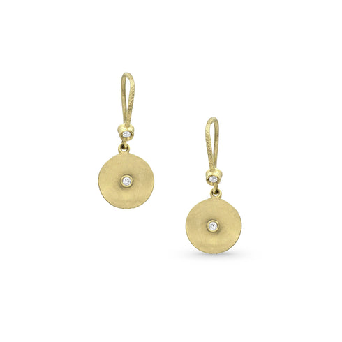 Dominique Cohen disc earring with bezel-set diamond, in artfully brushed 18k yellow gold <span class='visuallyhidden'>Call, text 323-404-2959 for shopping help.</span>