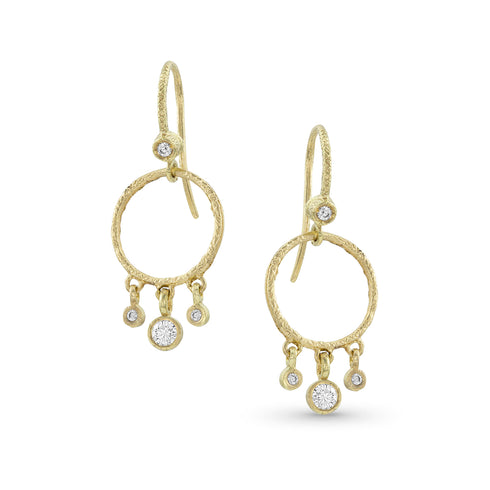 our popular diamond fringe, textured round dangle earrings<br>in white diamonds and 18k yellow gold <span class='visuallyhidden'>Call or text 323-404-2959 if you need shopping assistance.</span>