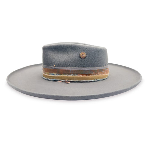 solana beach, a chic fedora in ash grey<br>with rose gold, silk, and diamond accents <span class='visuallyhidden'>Call or text 323-404-2959 if you need shopping assistance.</span>
