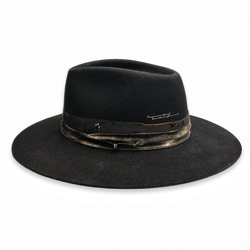 The Gentelman, a stylish black felt fedora dressed in black and creme textiles, and sterling silver and blackened sterling jewelry <span class='visuallyhidden'>Call or text 323-404-2959 if you need shopping assistance.</span>