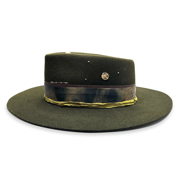 Tranquility, a designer felt halt with diamond-kissed yellow gold accents and boho luxe style <span class='visuallyhidden'>Call or text 323-404-2959 if you need shopping assistance.</span>