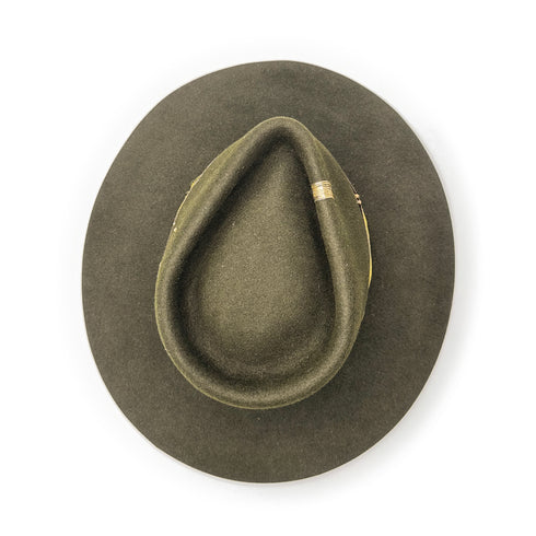 the three-inch brim angles down ever so slightly in front for that tip-o-the-hat charm <span class='visuallyhidden'>Call or text 323-404-2959 if you need shopping assistance.</span>