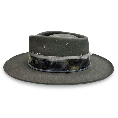 a diamond-kissed sterling bezel charm, antiqued boho chain (long) link, trio of antiqued sterling bamboo-texture rings, and friends, adorn the hat’s left side <span class='visuallyhidden'>Call or text 323-404-2959 if you need shopping assistance.</span>