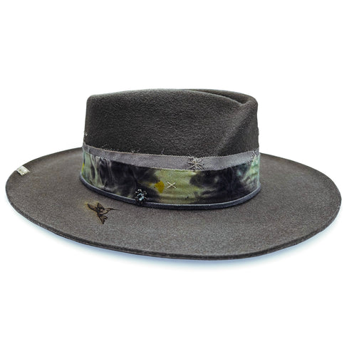 the aquamarine, blacked sterling flower, and hummingbird burns, and softly-raw edge to the silk are merely three of the details making this hat a beauty unto her own<span class='visuallyhidden'>Call or text 323-404-2959 if you need shopping assistance.</span>