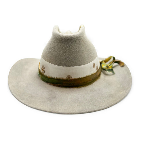 head-on view, howing her gently banked sides and unique double-pinch crown <span class='visuallyhidden'>Call or text 323-404-2959 if you need shopping assistance.</span>