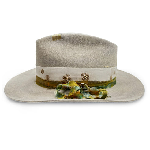 lightly distressed designer hat Joy,<br>artfully dressed in yellow gold hardware, embroidery, and natural hues textiles <span class='visuallyhidden'>Call or text 323-404-2959 if you need shopping assistance.</span>