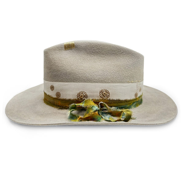 lightly distressed designer hat Joy,<br>artfully dressed in yellow gold hardware, embroidery, and natural hues textiles <span class='visuallyhidden'>Call or text 323-404-2959 if you need shopping assistance.</span>