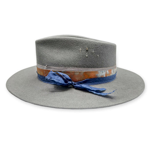 the hat’s left side includes a bezel-set champagne diamond charm,<br>and, tucked into the grosgrain ribbon, an antiqued sterling silver Dominique Cohen hat pin <span class='visuallyhidden'>Text, phone 323-404-2959 for shopping assistance.</span>