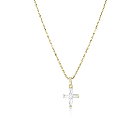 invisible set diamond baguette cross pendant necklace<br>in 18k yellow gold on an adjustable 22in chain <span class='visuallyhidden'>Text, phone 323-404-2959 for shopping assistance.</span>