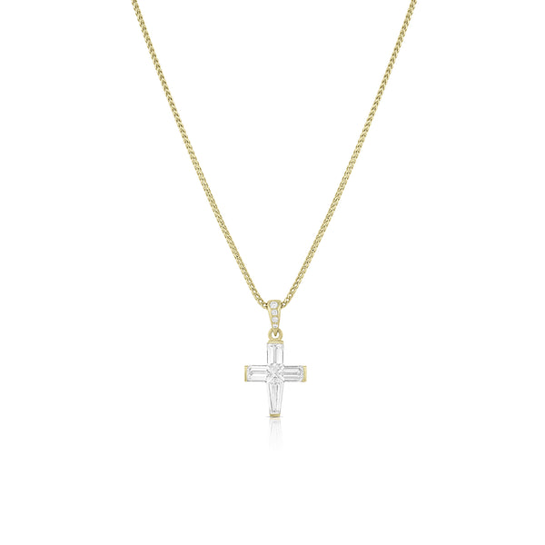 invisible set diamond baguette cross pendant necklace<br>in 18k yellow gold on an adjustable 22in chain <span class='visuallyhidden'>Text, phone 323-404-2959 for shopping assistance.</span>