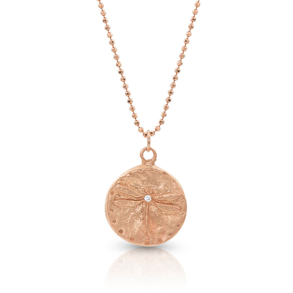 Dominique Cohen diamond-kissed dragonfly round pendant necklace, in 18k rose gold <span class='visuallyhidden'>Call, text 323-404-2959 for shopping help.</span>