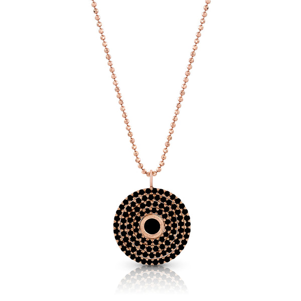 hot 18k rose gold black diamond round pendant necklace<br>on an adjustable length 18k rose gold delicate beaded chain <span class='visuallyhidden'>Text, phone 323-404-2959 for shopping assistance.</span>