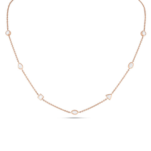 diamond mixed shapes choker in white diamonds and rose gold,<br>bezel settings, delicate chain <span class='visuallyhidden'>Call or text 323-404-2959 if you need shopping assistance.</span>