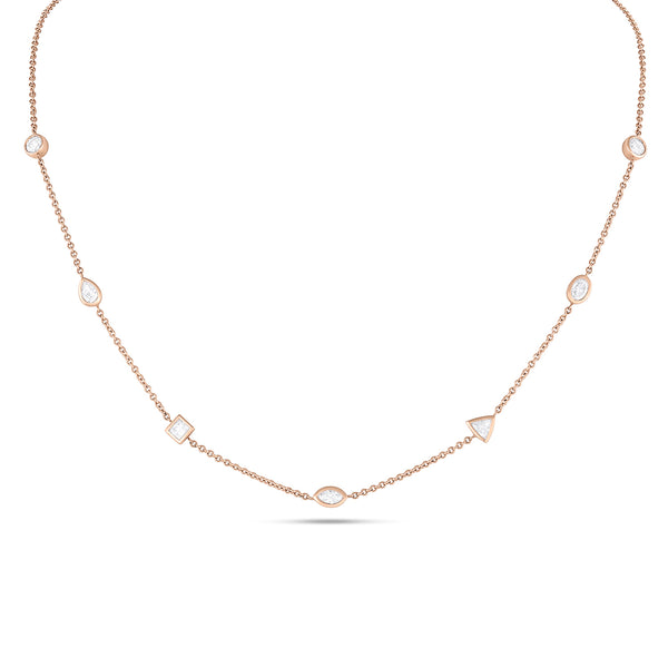 diamond mixed shapes choker in white diamonds and rose gold,<br>bezel settings, delicate chain <span class='visuallyhidden'>Call or text 323-404-2959 if you need shopping assistance.</span>