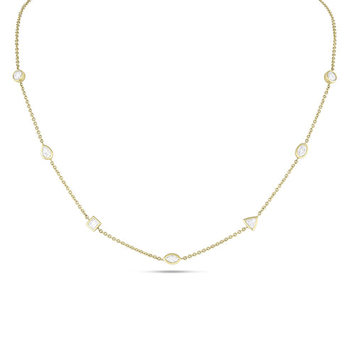 diamond mixed shapes choker in white diamonds,<br>bezel settings, delicate chain <span class='visuallyhidden'>Call or text 323-404-2959 if you need shopping assistance.</span>