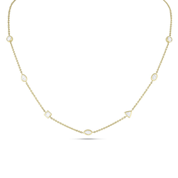 diamond mixed shapes choker in white diamonds,<br>bezel settings, delicate chain <span class='visuallyhidden'>Call or text 323-404-2959 if you need shopping assistance.</span>
