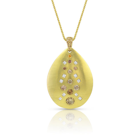 in natural, fancy color diamonds<br>set into a 18k yellow gold teardrop shield <span class='visuallyhidden'>Call, text 323-404-2959 for shopping help.</span>